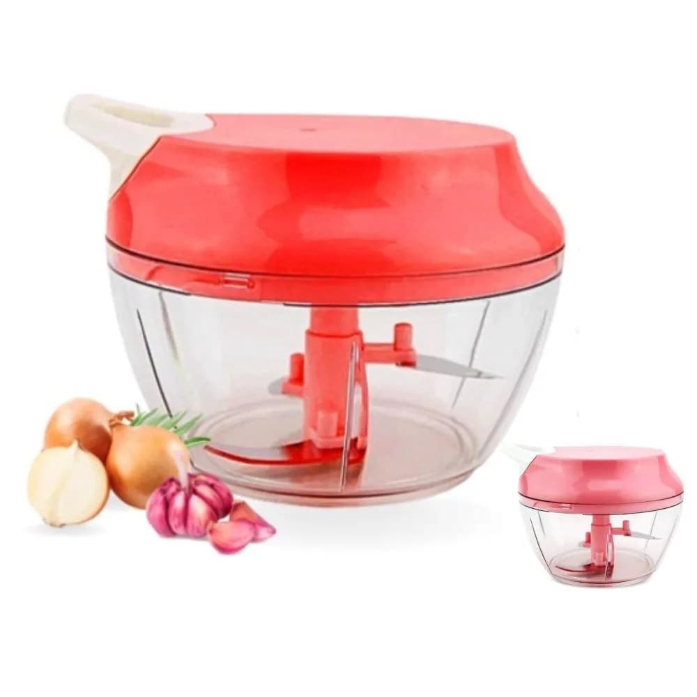 Processador manual vermelho 500ml com três lâminas para alimentos e alho