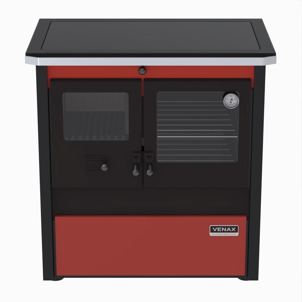 Fogao a lenha Venax n. 2 Le Corbusier vermelho e preto com dupla combustao