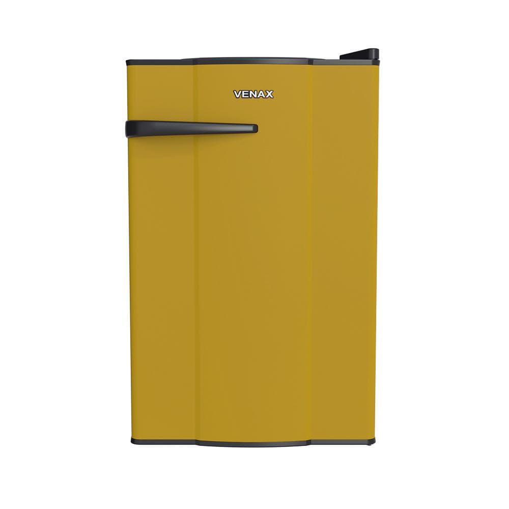 Frigobar Venax 82L Amarelo com porta preta e alça, fundo branco