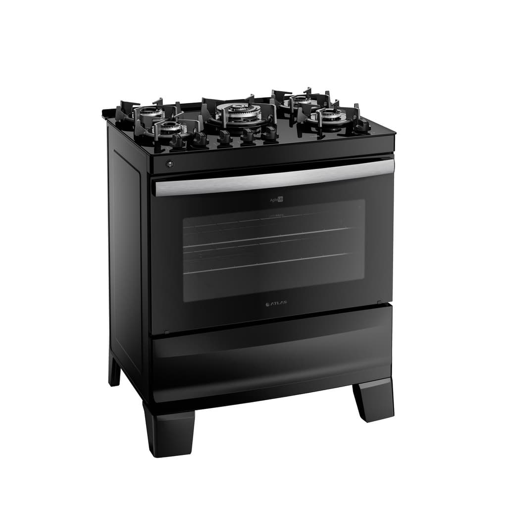 Fogão 5 bocas preto com mesa de vidro Atlas Agile Up Bivolt