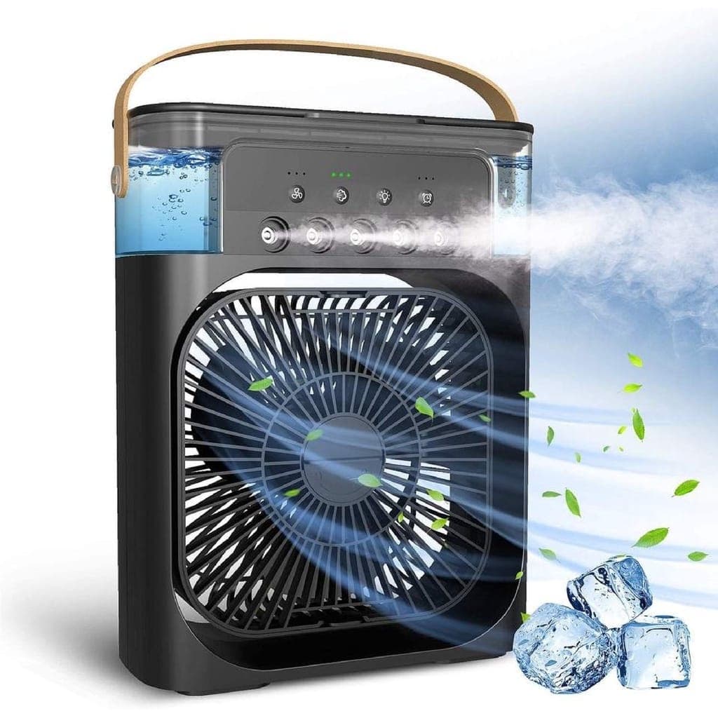 Refrigerador de ar portátil preto com ventilador e umidificador, reservatório de água azul, emitindo ar frio e umidificado.