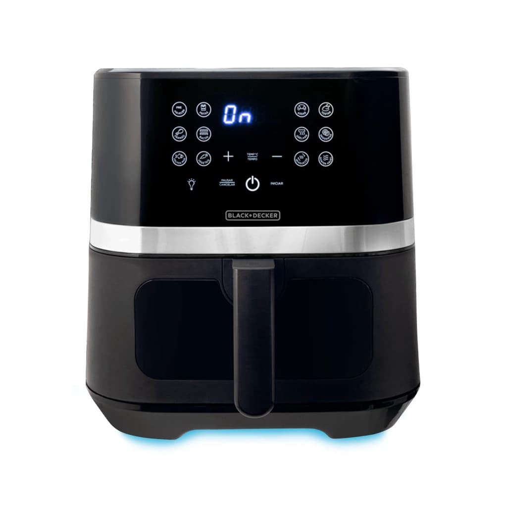 Fritadeira Air Fryer Digital Black Decker Gourmand Gris AFDLG preta com tela digital e controles visíveis