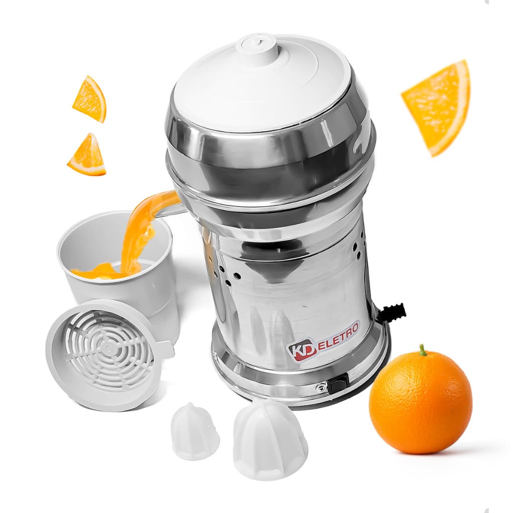 Extrator espremedor de laranja profissional bivolt KD ELETRO com suco sendo despejado
