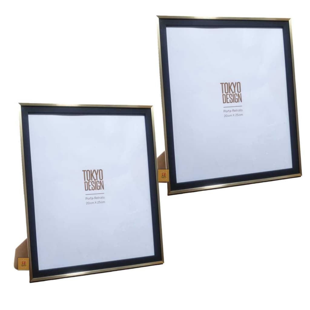 Dois porta-retratos minimalistas com bordas douradas e fundo preto, marca TOKYO DESIGN