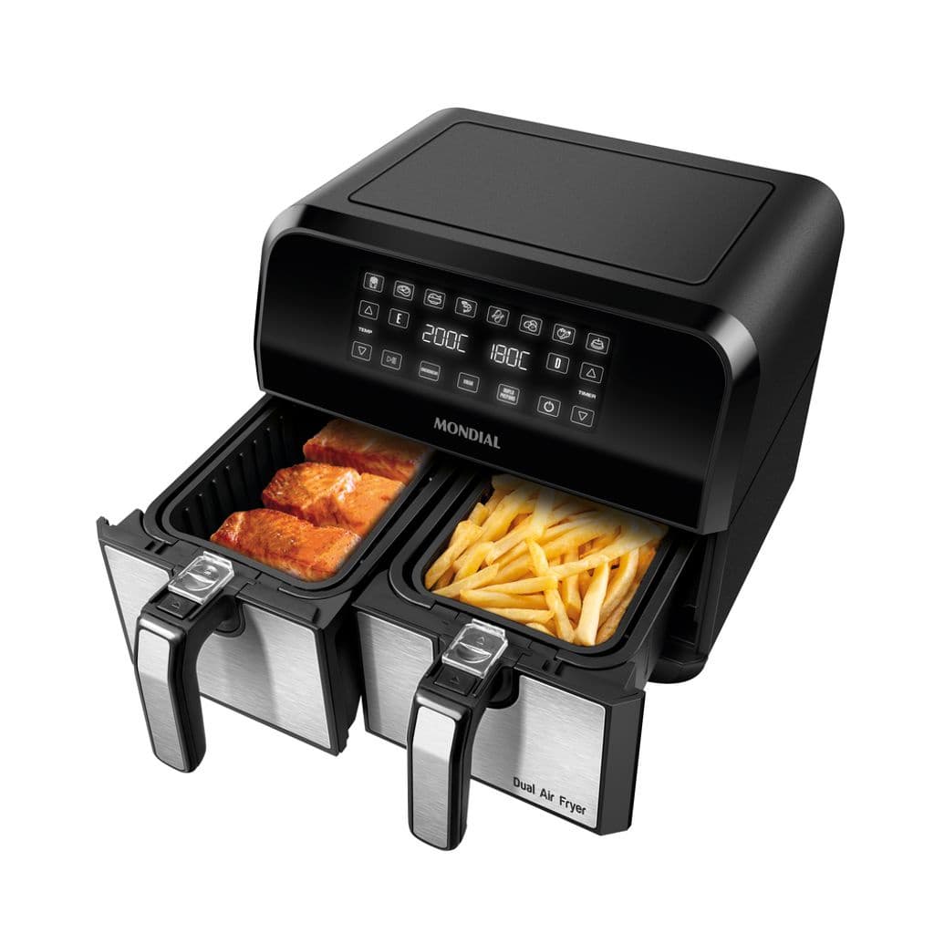 Fritadeira Air Fryer Dual Duplo Cesto 8L Mondial AFD-01-BI com cestos de carne e batatas fritas