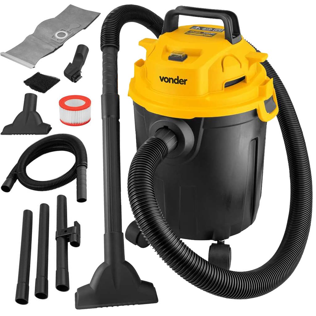 Aspirador de pó e água profissional 1000W com rodas, marca Vonder, cores preto e amarelo, com acessórios