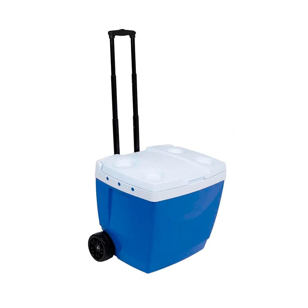 Caixa térmica azul e branca com rodas e alça de transporte
