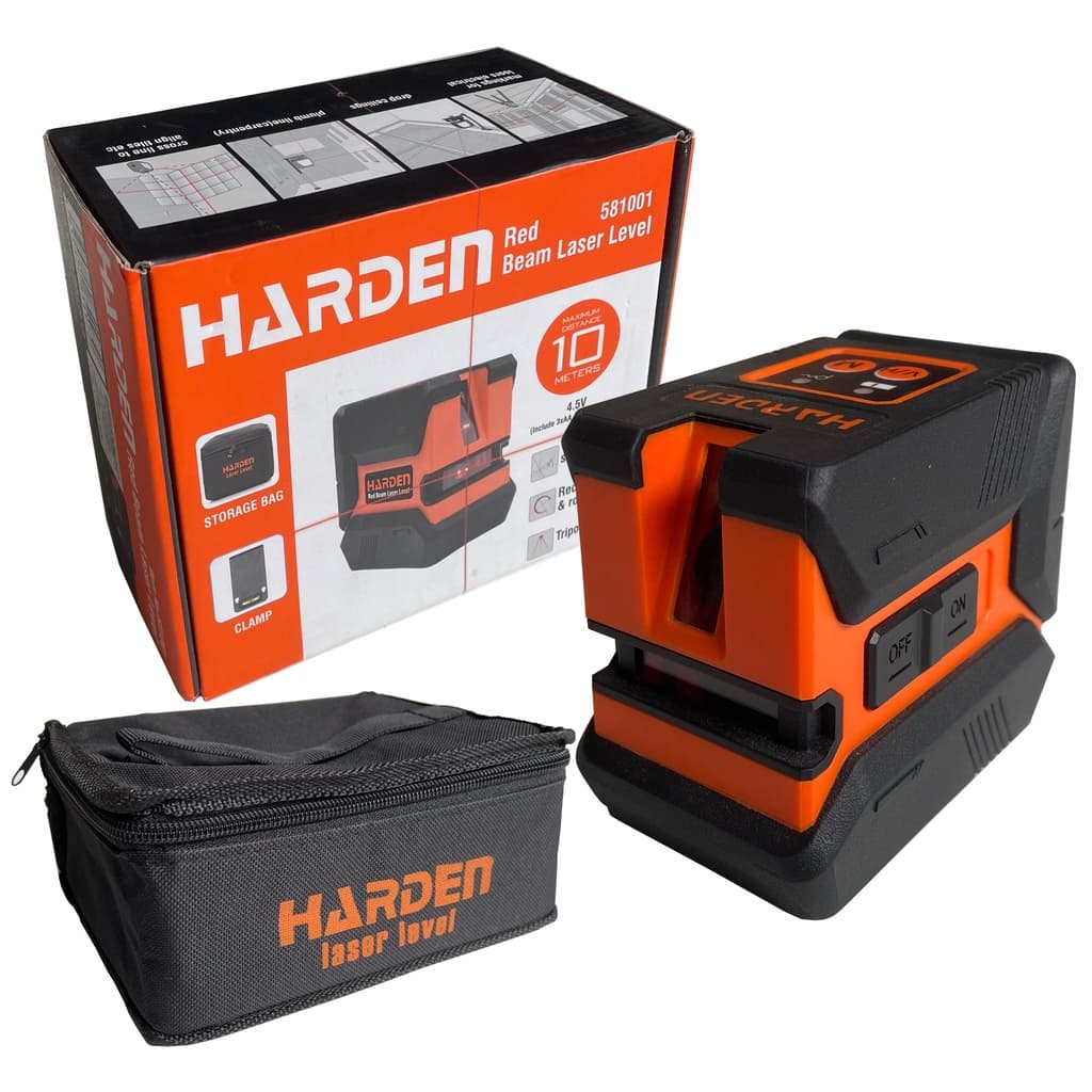 Caixa e nível laser Harden 10 metros com linhas vermelhas cruzadas, fundo branco