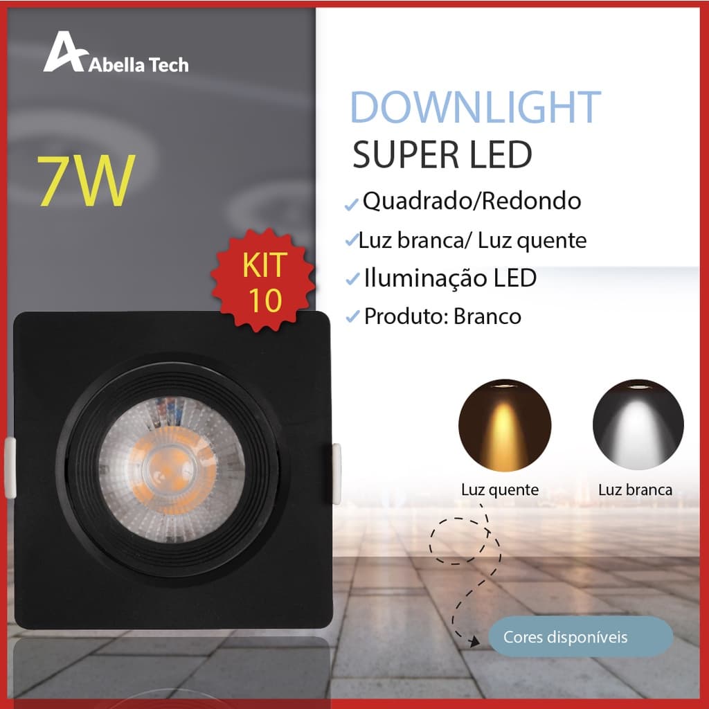 Kit com 10 luminárias spot LED quadrado direcionável 7W branco frio e quente