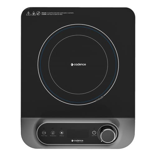 Cooktop portátil de indução Cadence, vidro preto, uma boca, controles de temperatura, botão liga/desliga
