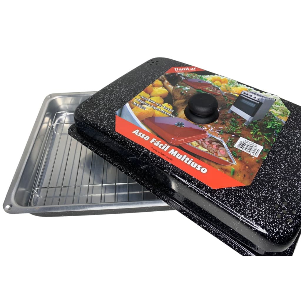 Assadeira Assa Fácil Alumínio Com Grelha E Tampa Multiuso Cor Preto