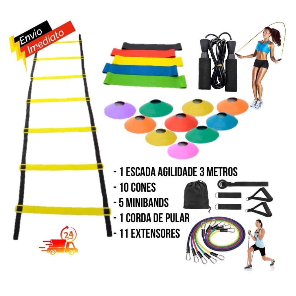 Kit Funcional Agilidade Escada 6 degraus + 10 Cones + 1 Corda de Pular + 5 MiniBands + 11 Elasticos