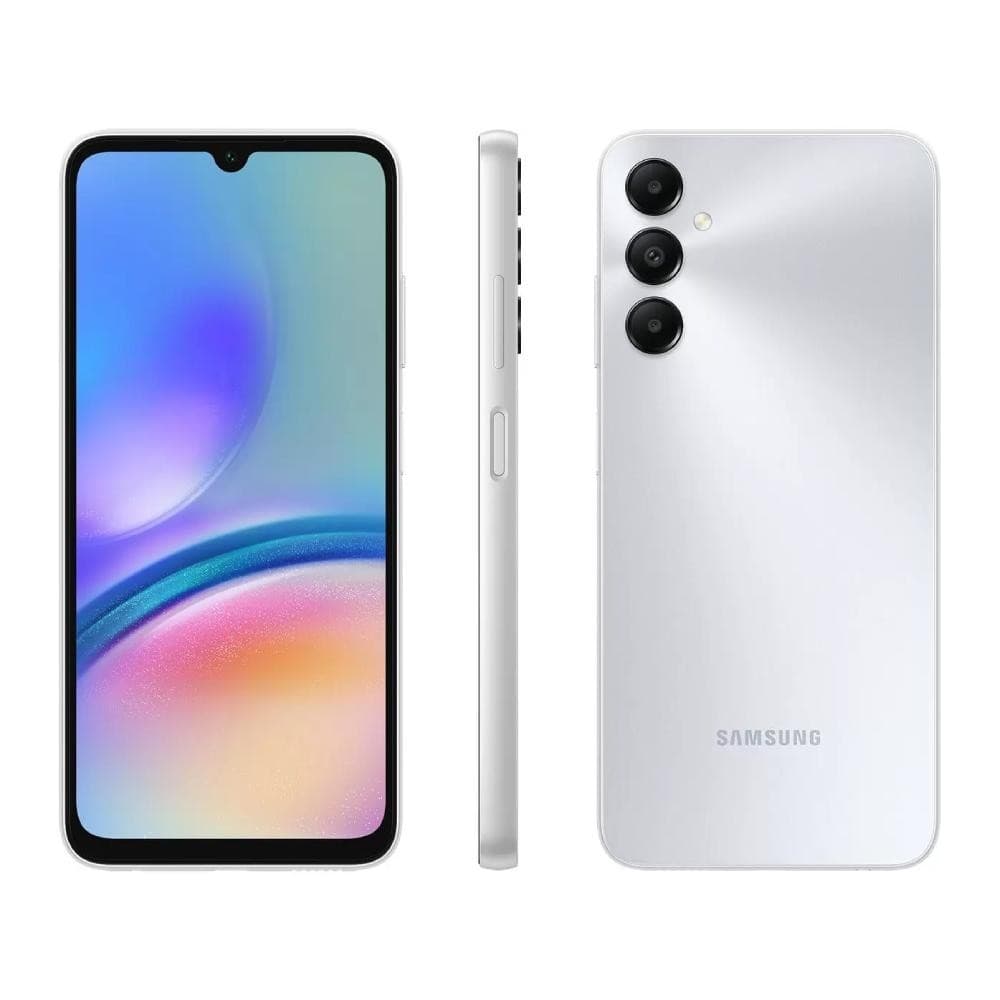 Smartphone Samsung Galaxy A05s, prata, frente e verso, com câmera quádrupla e logotipo Samsung