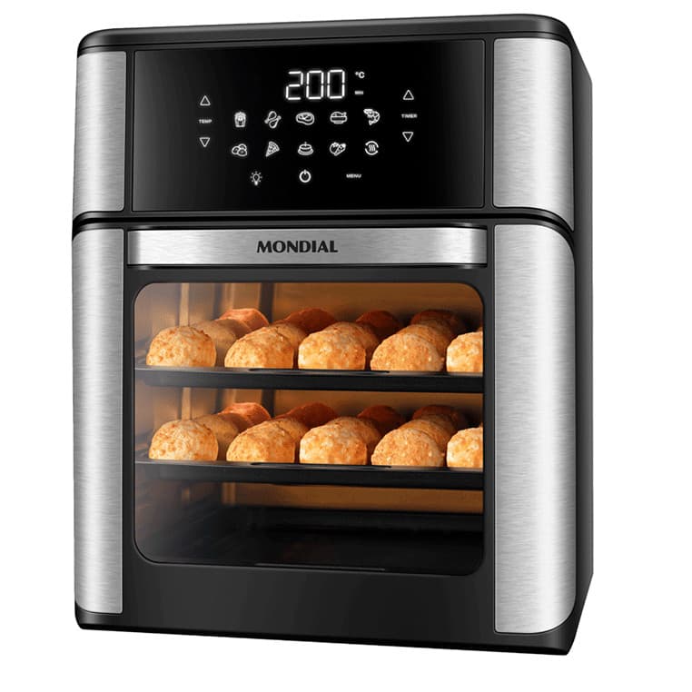 Fritadeira Air Fryer Mondial AFO 12 Lt PTO 127v com pães cozidos visíveis