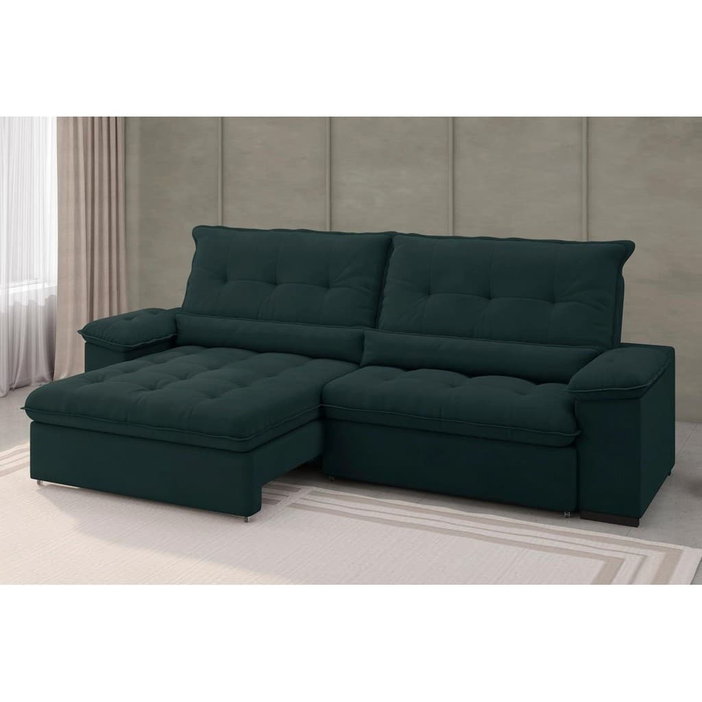 Sofá reclinável e retrátil de 4 lugares em suede verde petróleo, estilo moderno, com pufe e almofadas removíveis.