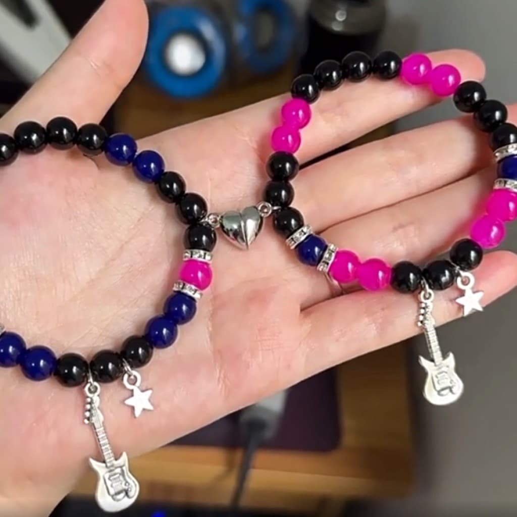 2 Peças Pulseiras De Contas De Casal Com Pingente De Estrela De Guitarra Simples , Acessórios Masculinos E Femininos
