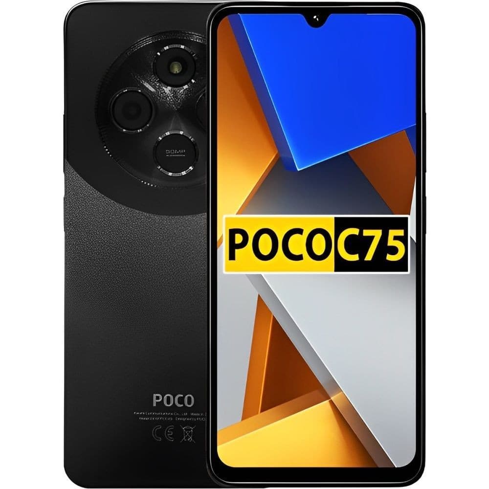 Imagem do smartphone Xiaomi Poco C75 com câmera circular e logotipo POCO na parte traseira.