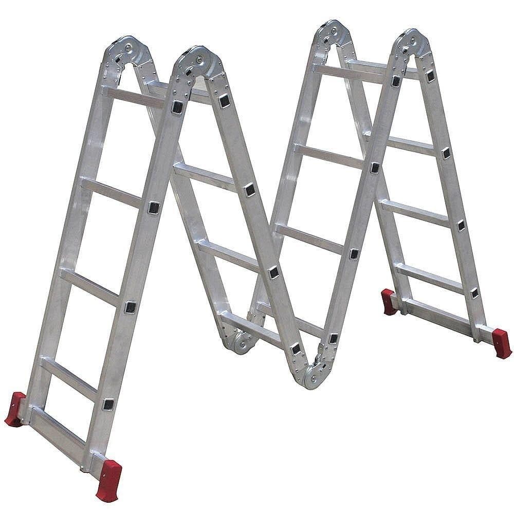 Escada articulada 4x4 de alumínio com 16 degraus, pés vermelhos, fundo branco