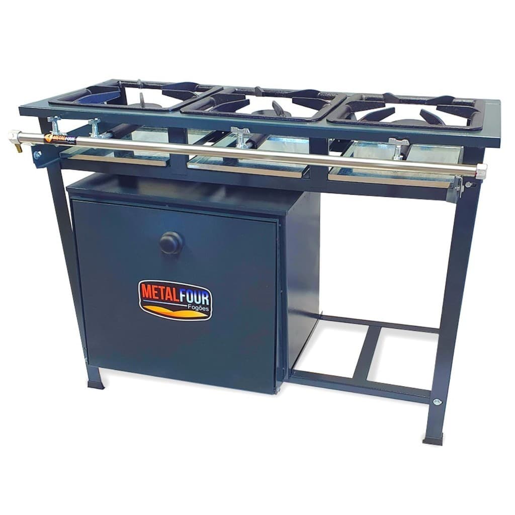 Fogão industrial de três bocas com forno de piso, cor azul, logo da marca 'METALFOUR'.