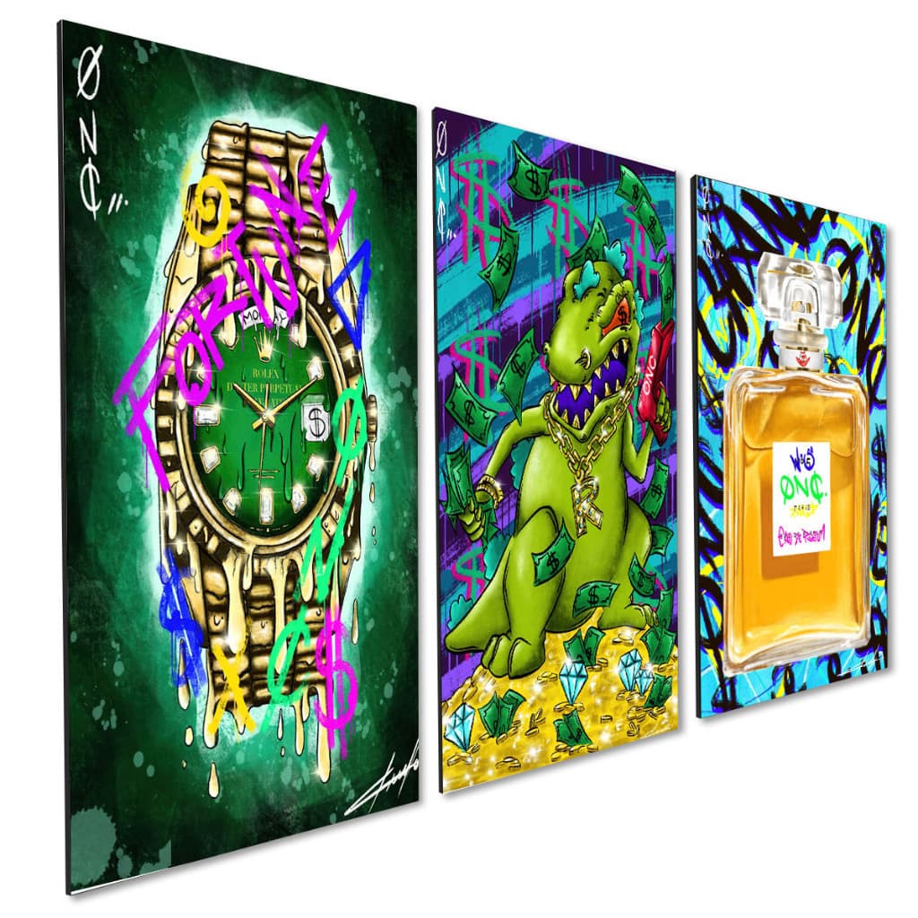 Kit 3 Quadros Decorativos Streat Art Relógio Perfume Money 20x28CM MDF