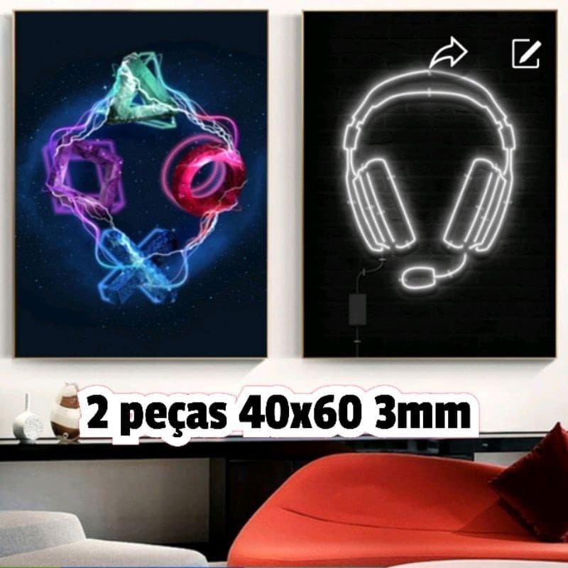 Quadro decorativo gamer 2 peças 40x60 3mm neon com headset e símbolos de jogos