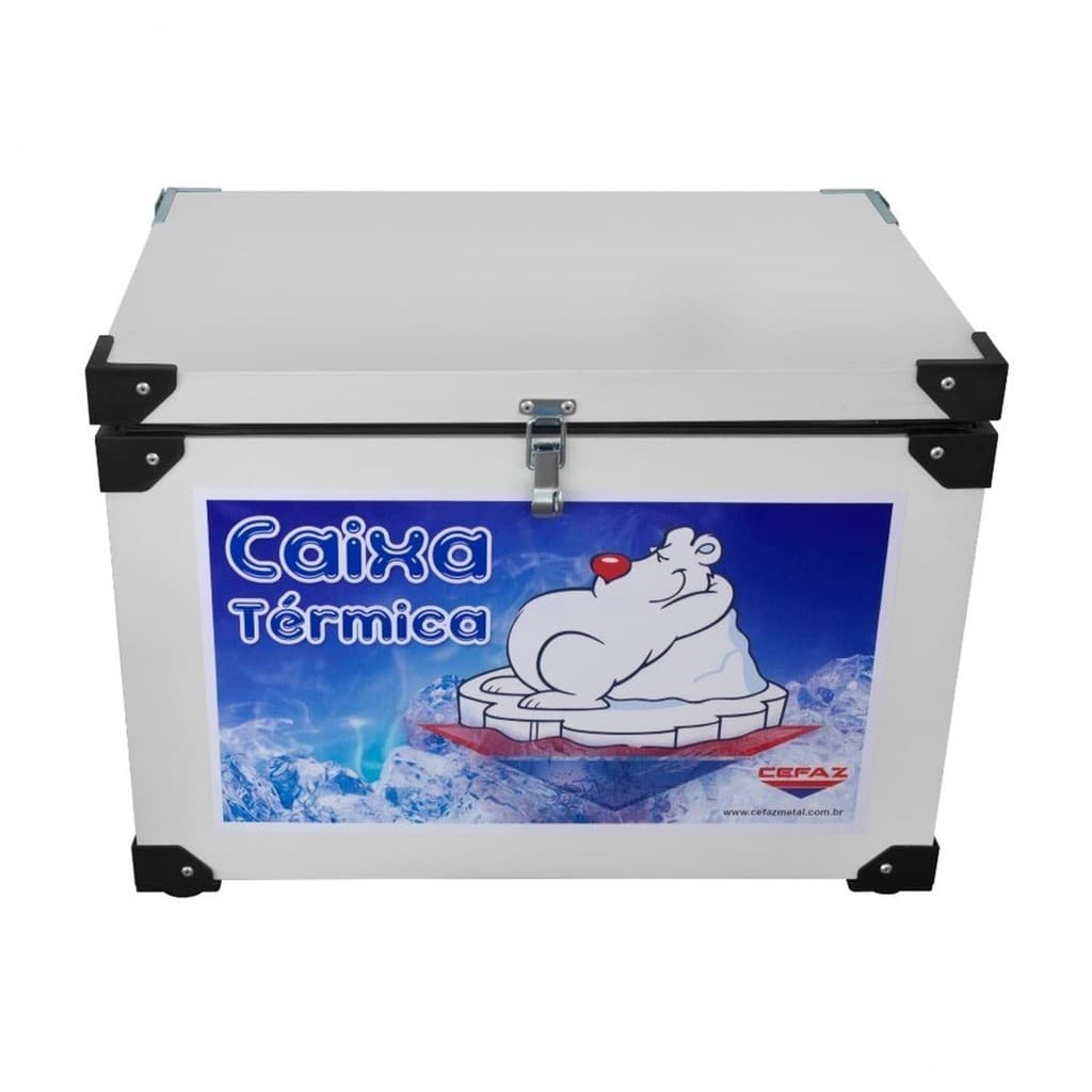 Caixa térmica branca 164 litros com chapa interna em inox e ilustração de urso polar