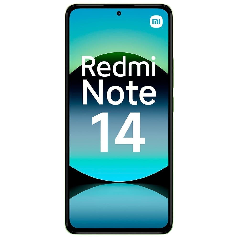 Imagem frontal do smartphone Xiaomi Redmi Note 14 com tela exibindo o texto 'Redmi Note 14' em branco sobre fundo gradiente azul e verde.