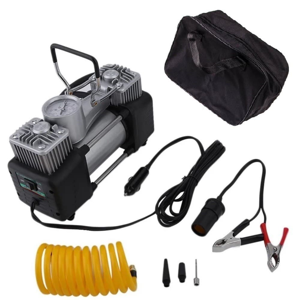 Mini compressor de ar portátil 12v 2 cilindros com bolsa e acessórios