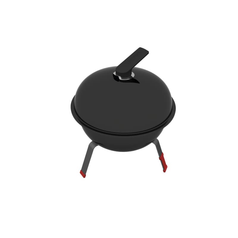 Churrasqueira a carvão com tampa em aço esmaltado e grelha em aço inox, preto e vermelho.
