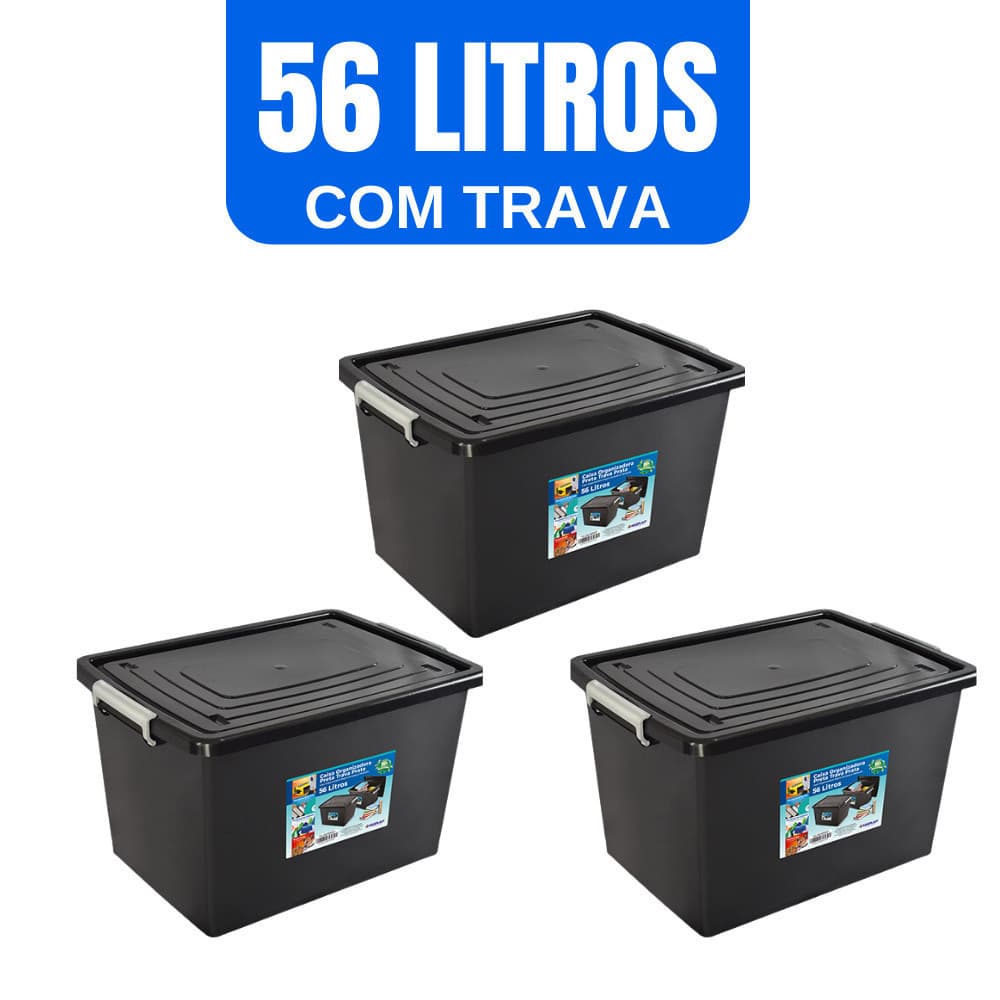 Caixas organizadoras pretas com tampa e trava 56 litros