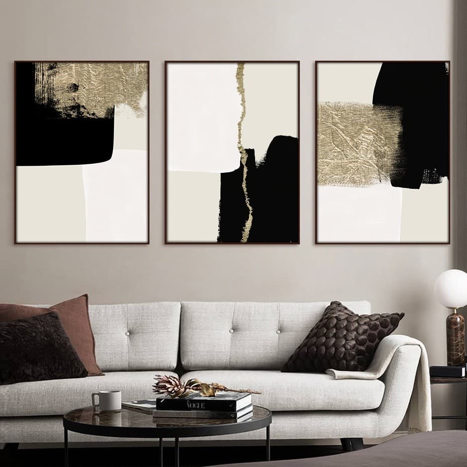 Quadros decorativos abstratos 40x60 bege preto ouro minimalistas para decoração