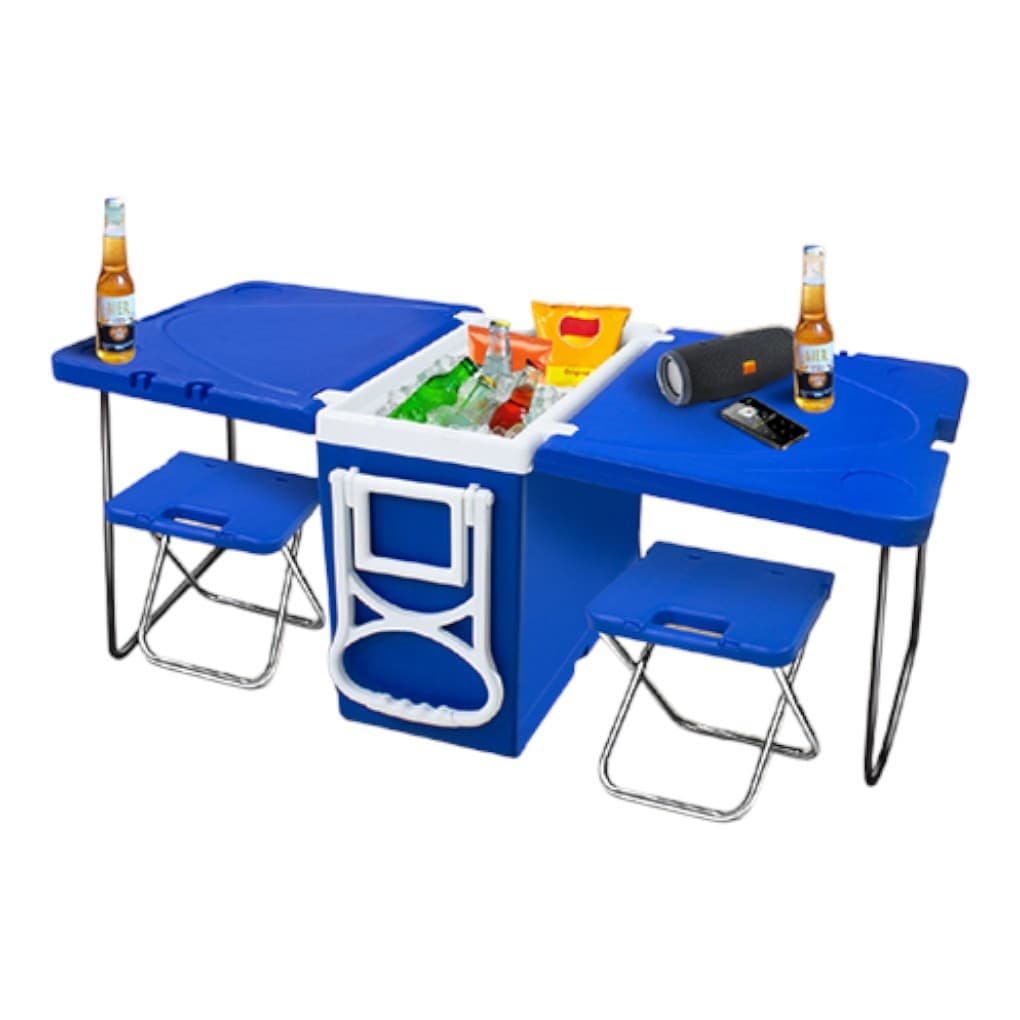 Caixa Térmica Azul com Mesa Dobrável e Bancos para 32 Litros