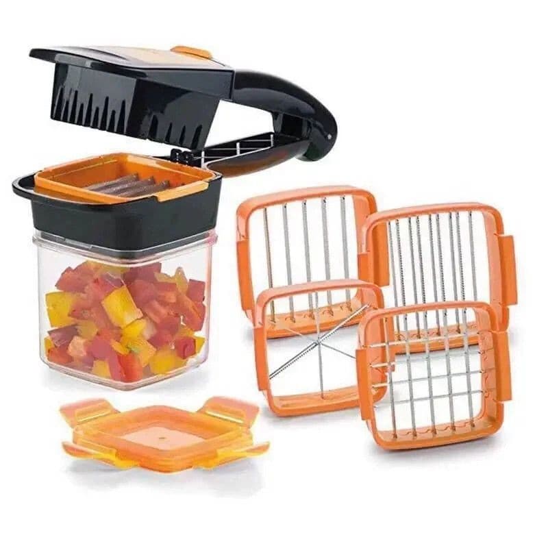 Kit de cortador de legumes e frutas 5 em 1, preto e laranja, com recipiente transparente e pedaços de legumes cortados.