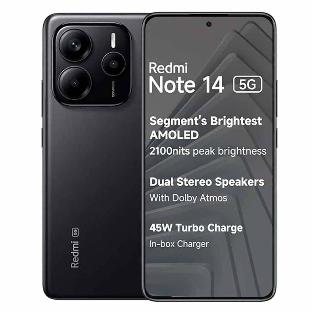 Smartphone Xiaomi Redmi Note 14 5G com especificações destacadas