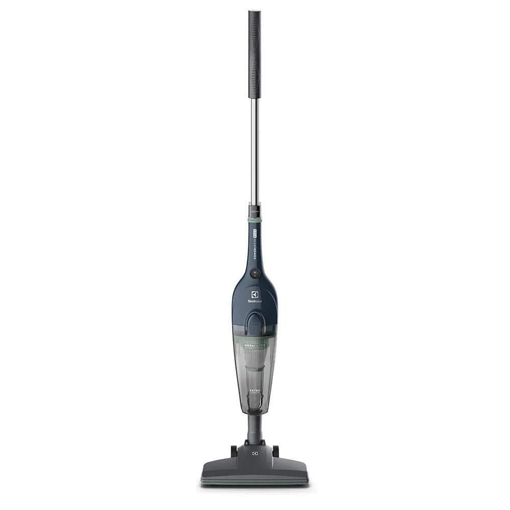 Aspirador de pó vertical Electrolux STK14 azul e cinza contra fundo branco
