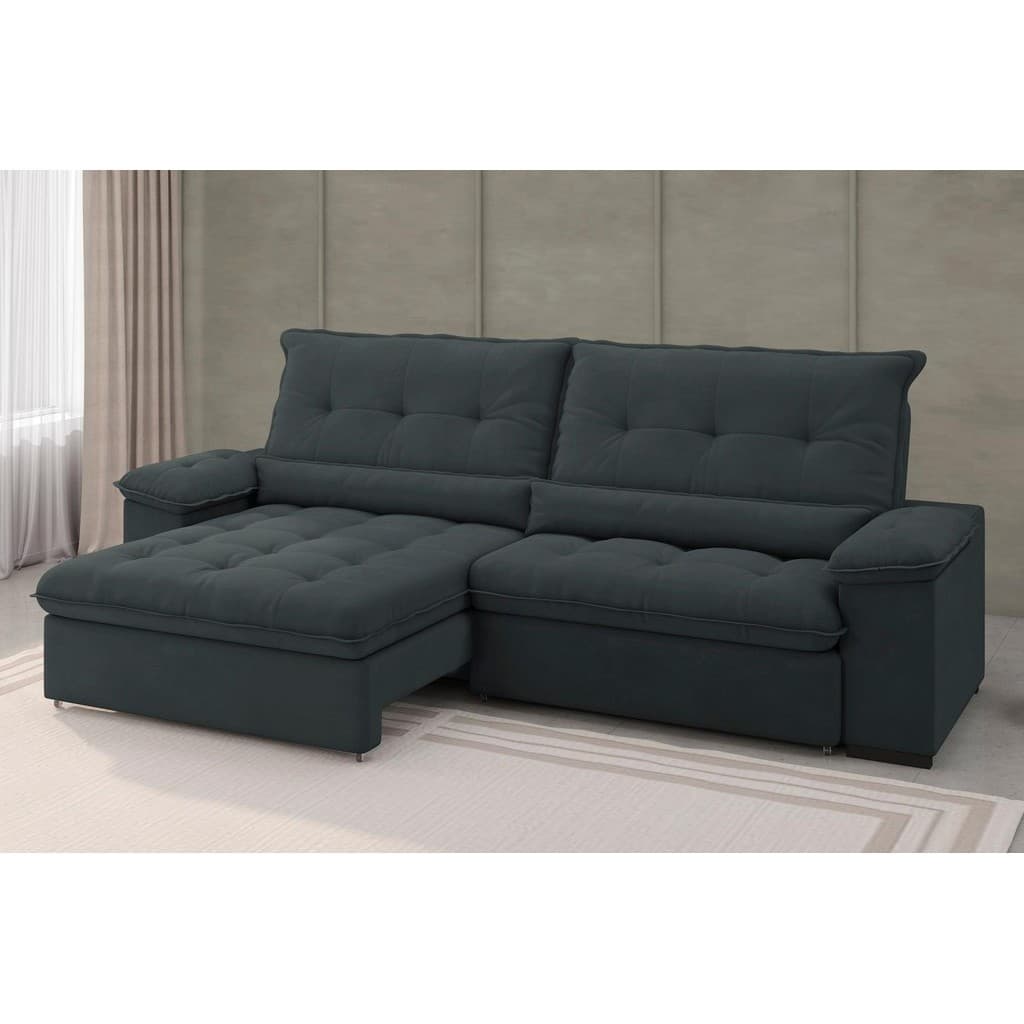 Sofá reclinável de canto em suede azul escuro, 4 lugares, com compartimento retrátil
