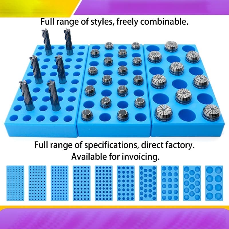 Bandeja de armazenamento de ferramentas azul com compartimentos para brocas e acessórios de usinagem