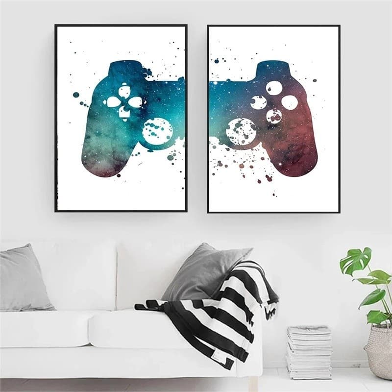 Quadros decorativos de controle de videogame estilo aguarela para quarto ou sala