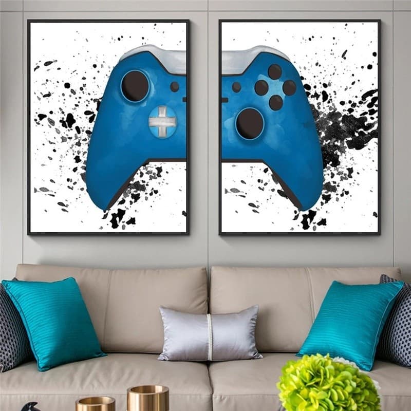 Quadro decorativo com controle de jogo em azul e branco, estilo abstrato, 40x60 cm, 2 peças.