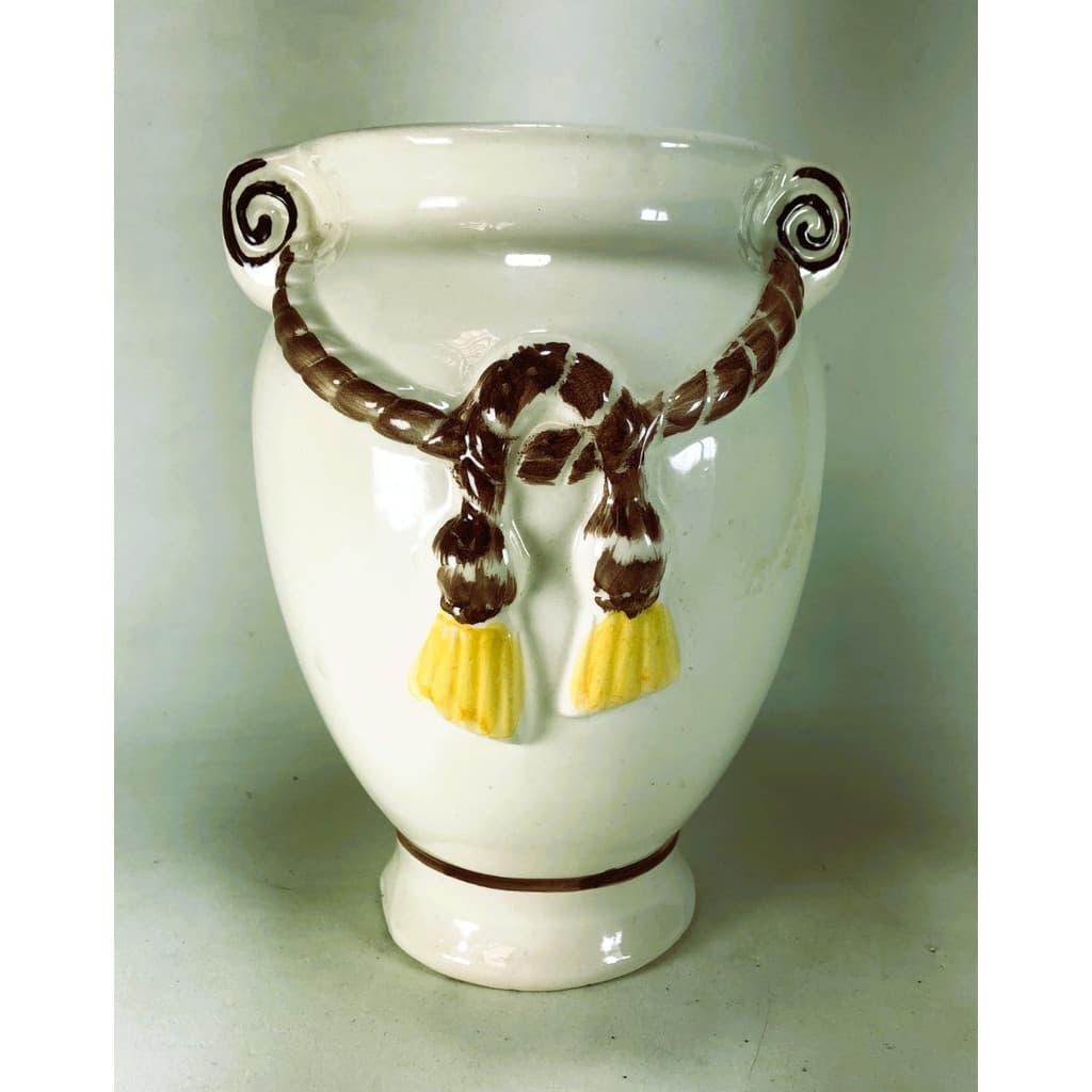 Vaso antigo de porcelana bege com decorações marrom e amarelo, altura 19,5cm