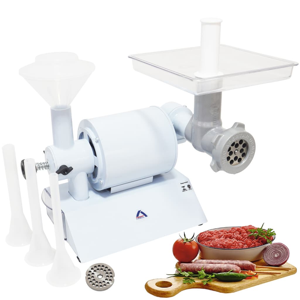 Moedor triturador elétrico Arbel MTU 08 2.0 branco com acessórios e alimentos na tábua de corte