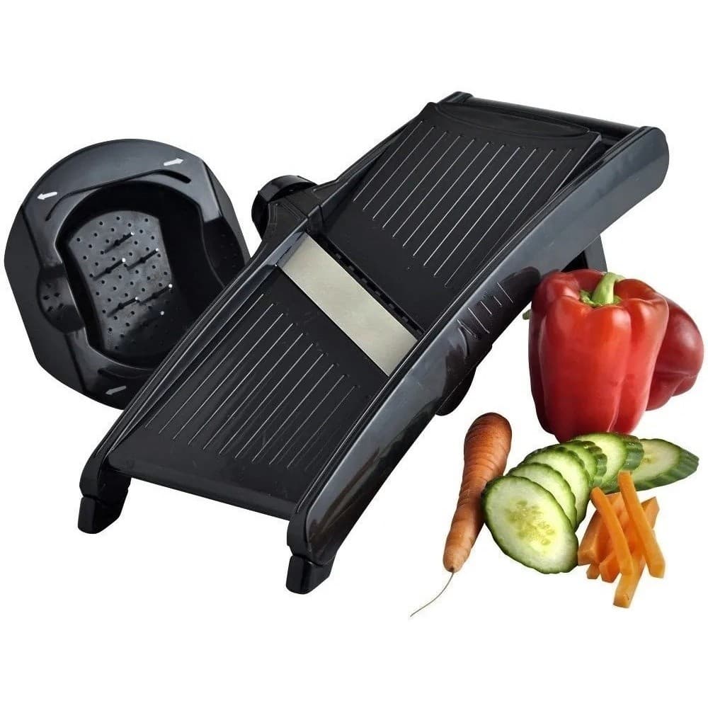 Cortador fatiador profissional preto com regulagem de espessura para legumes e frutas