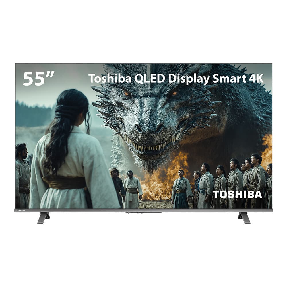 Smart TV QLED 55 4K Toshiba Google TV com cena de dragão na tela
