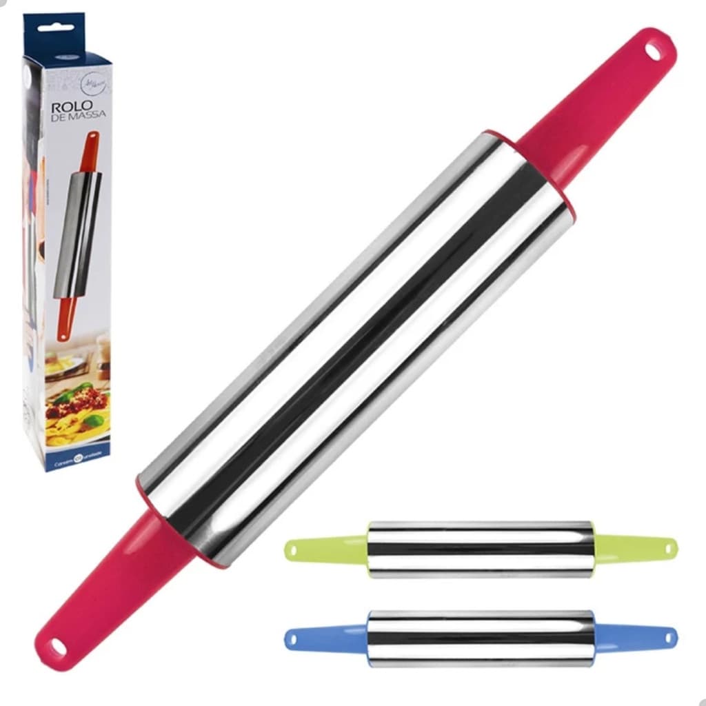Rolo de Massa Inox e Plastico 35 cm Abridor Pizza Pau de Macarrão Livon 6134