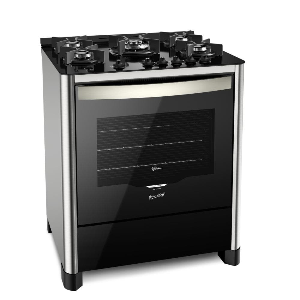 Fogão 5 Bocas Fischer Gran Cheff Mesa Vidro Forno 110L Inox cor preta e inox