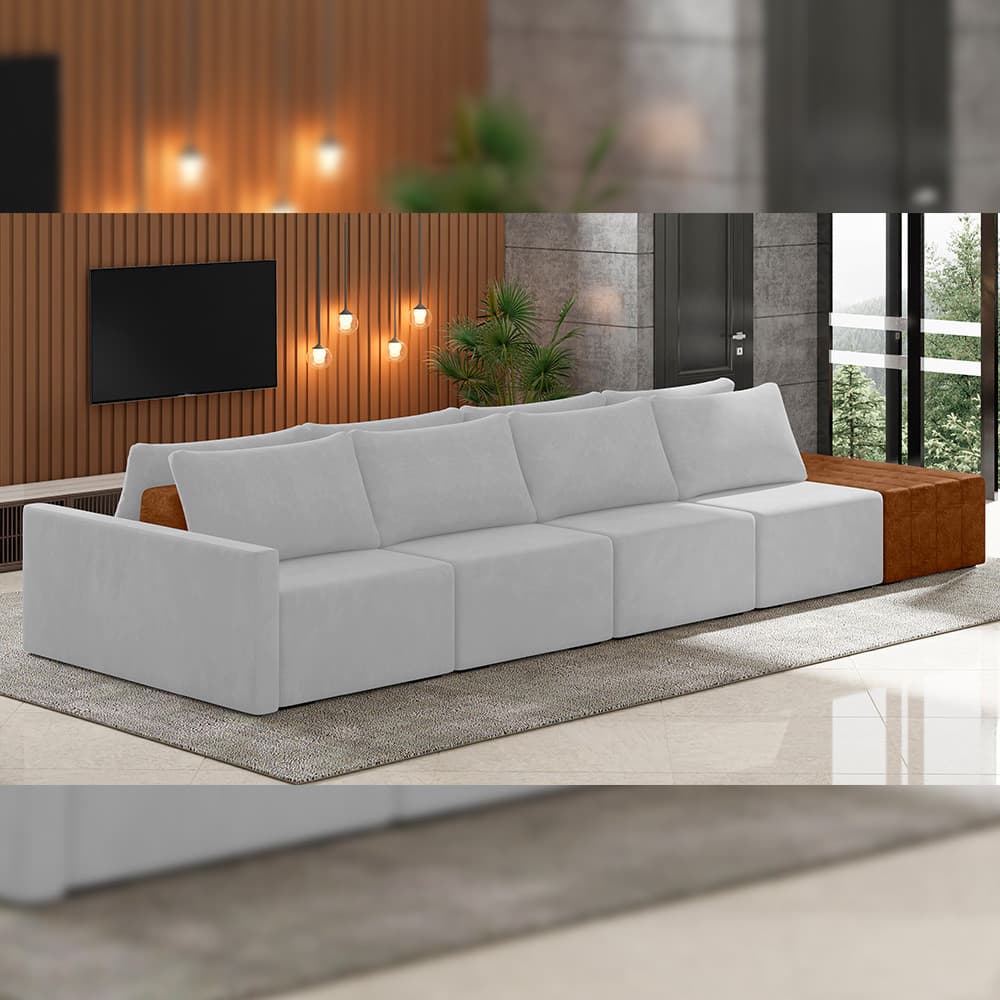 Sofá Ilha Modular Para Sala 432cm com Puff Dublin K01 Veludo Cinza Sintético Caramelo - Lyam Decor