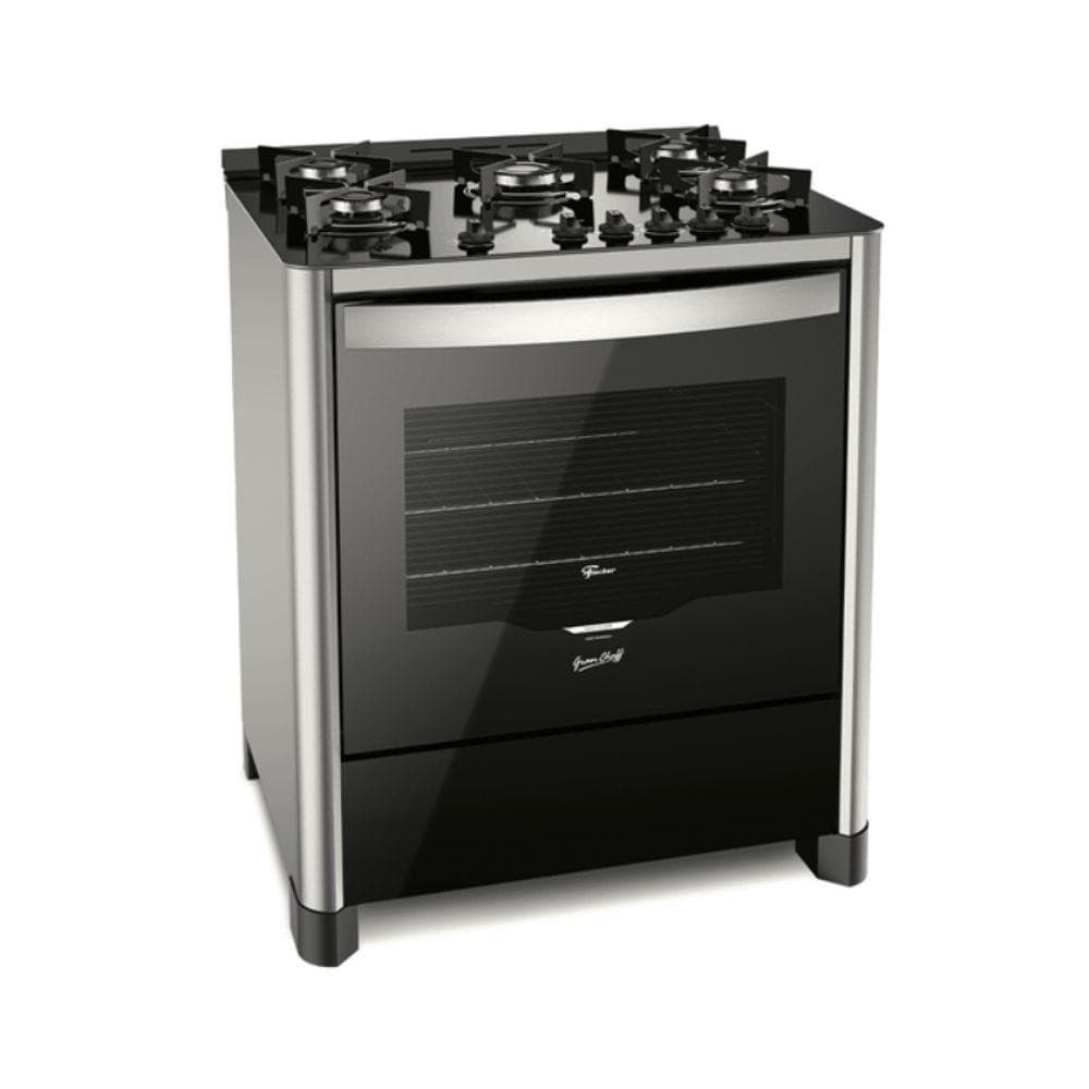 Fogão de piso Fischer 5 bocas com mesa de vidro, cor preta e aço inoxidável