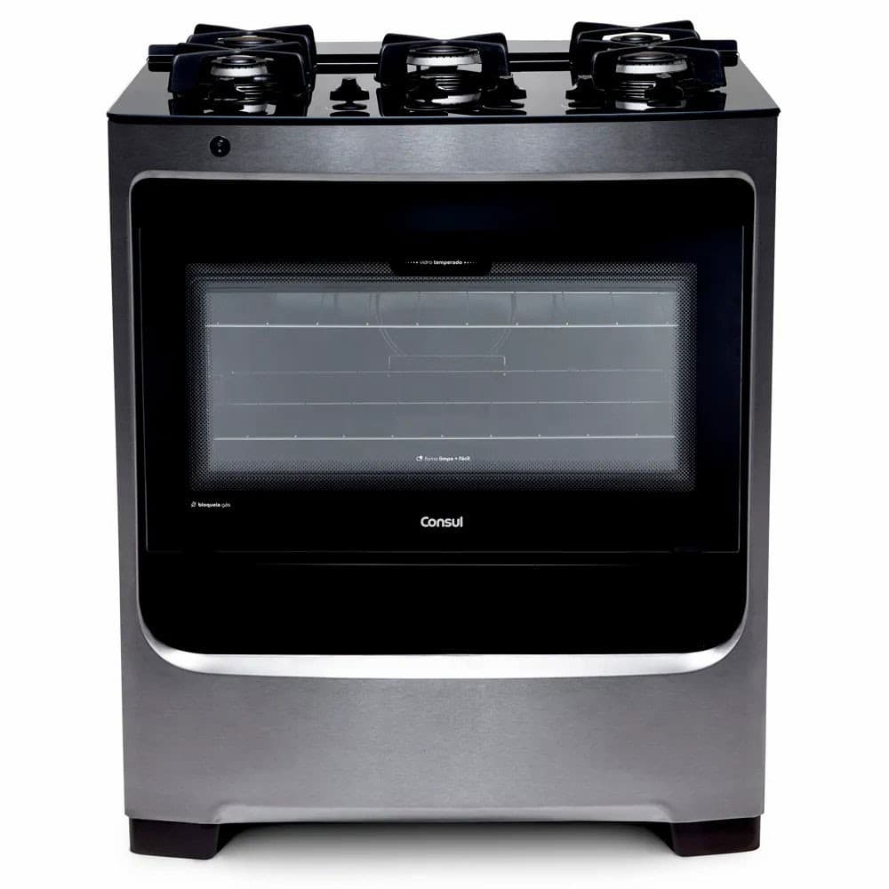 Fogao 5 Bocas a Gas Consul CFS5VAR Com Mesa de Vidro Inox Bivolt, aço inoxidável, cinco queimadores a gás, forno com porta de vidro, mesa de vidro inox, Consul