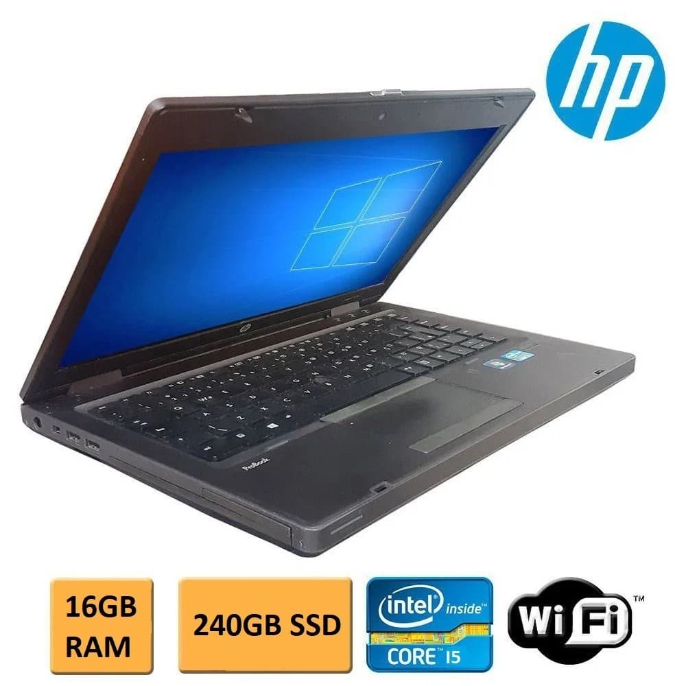 Notebook HP aberto com tela Windows, 16 GB RAM, 240 GB SSD, Intel Core i5