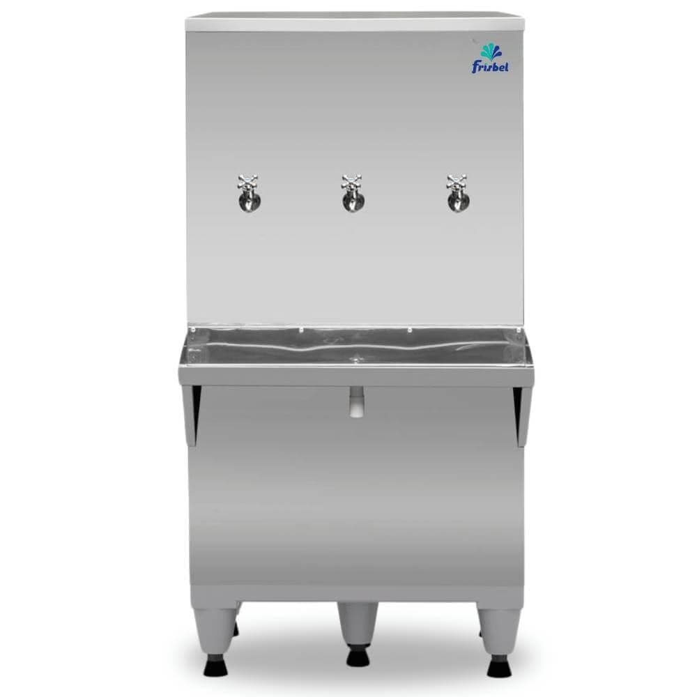 Bebedouro industrial de coluna Frisbel com 100 litros, duas torneiras gelada e uma natural, em aço inoxidável